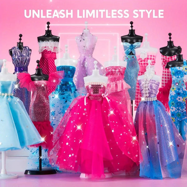 Eine Sammlung farbenfroher, glitzernder Kleider und Outfits zur Kindermode-Design-Handwerkskunst auf Mannequins.