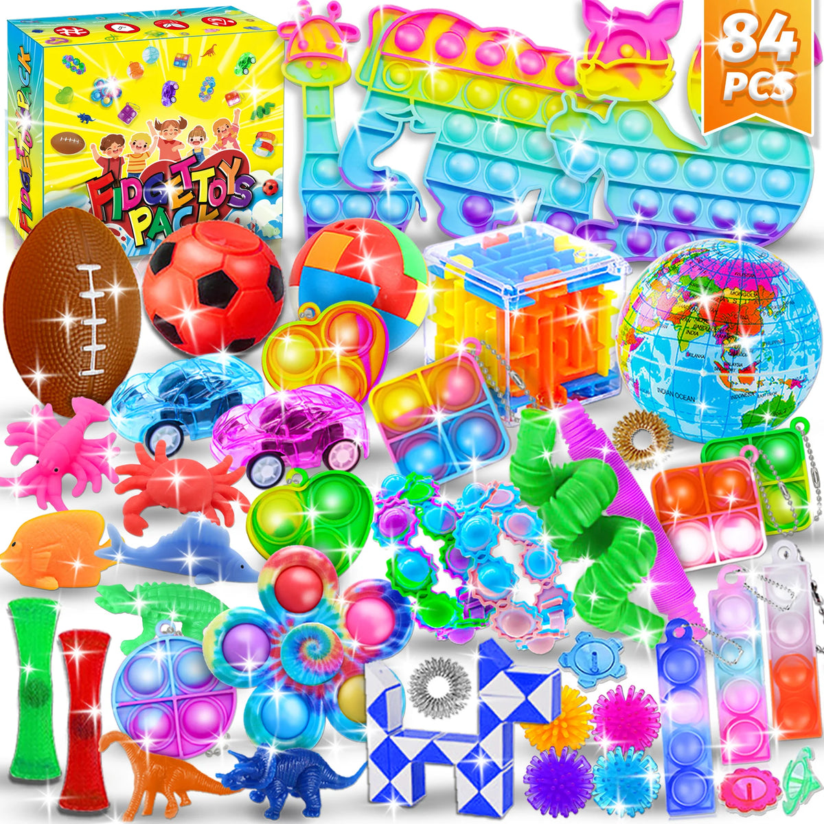 A colorful set of fidget toys including pop-it balls, stress balls, and various sensory items for kids.