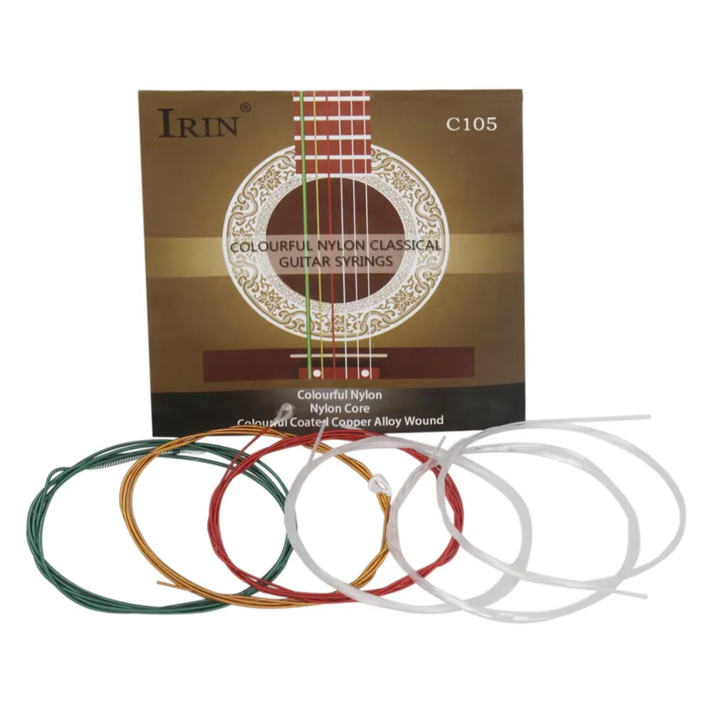 Box and coiled set of colourful nylon classical guitar strings with a clear nylon core