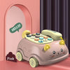 A pink cat-shaped musical phone toy for toddlers with lights and sounds sitting on a surface.
