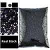 A bag of black AB-coated flat back resin rhinestones for crafts and DIY projects.