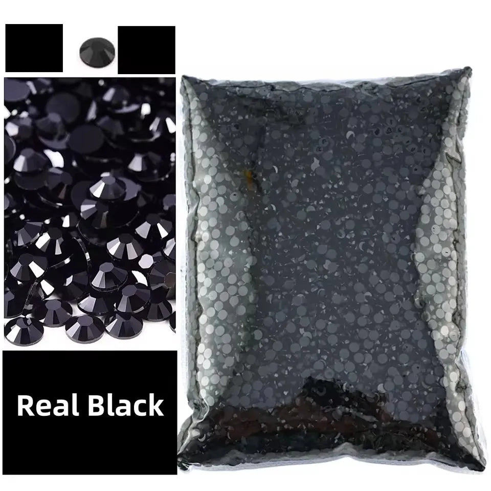 A bag of black AB-coated flat back resin rhinestones for crafts and DIY projects.