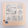 A coloring book featuring various detailed line art illustrations including a landscape, people, and objects.
