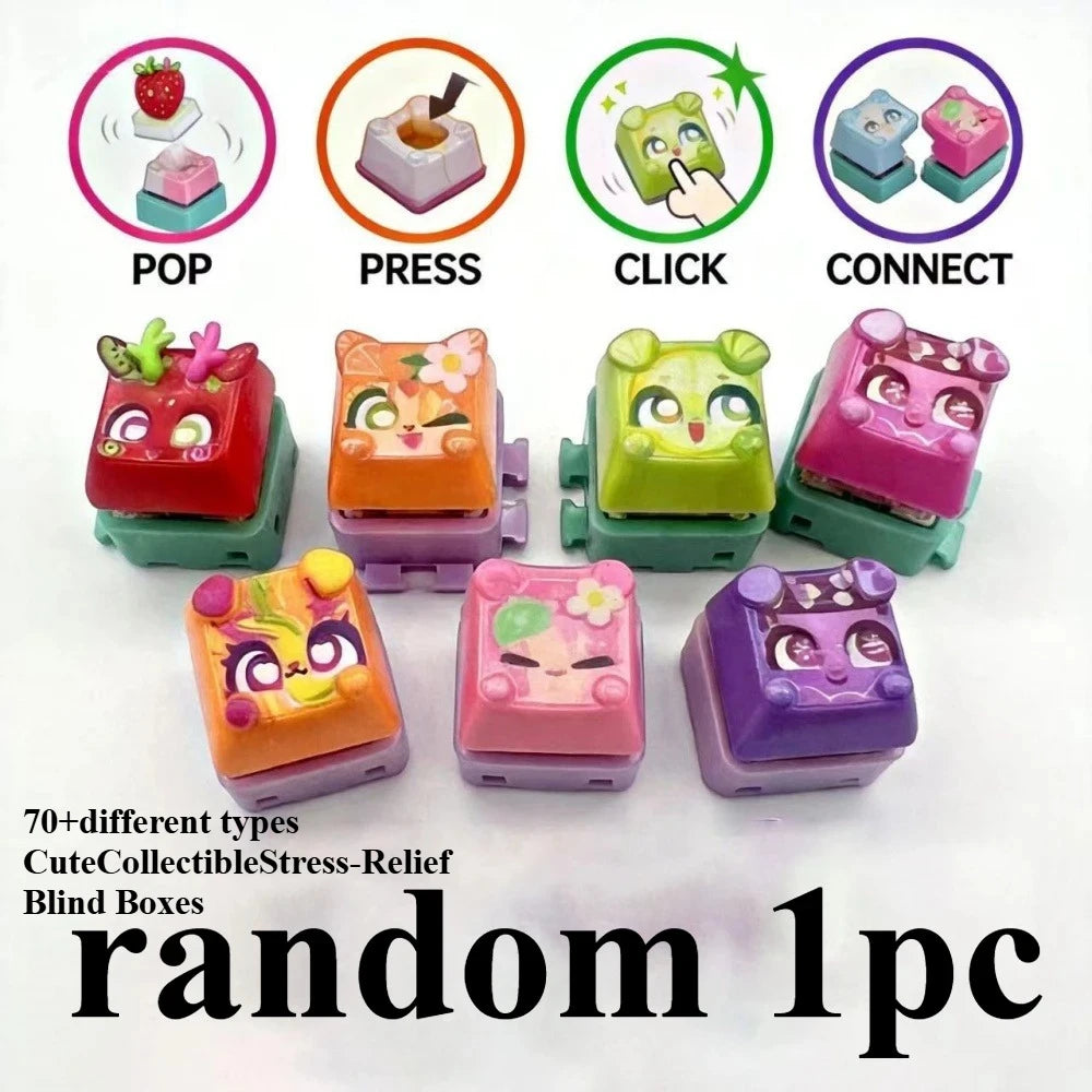 A collection of colorful LED mechanical switch fidget toys including Pop, Press, Click, and Connect types.