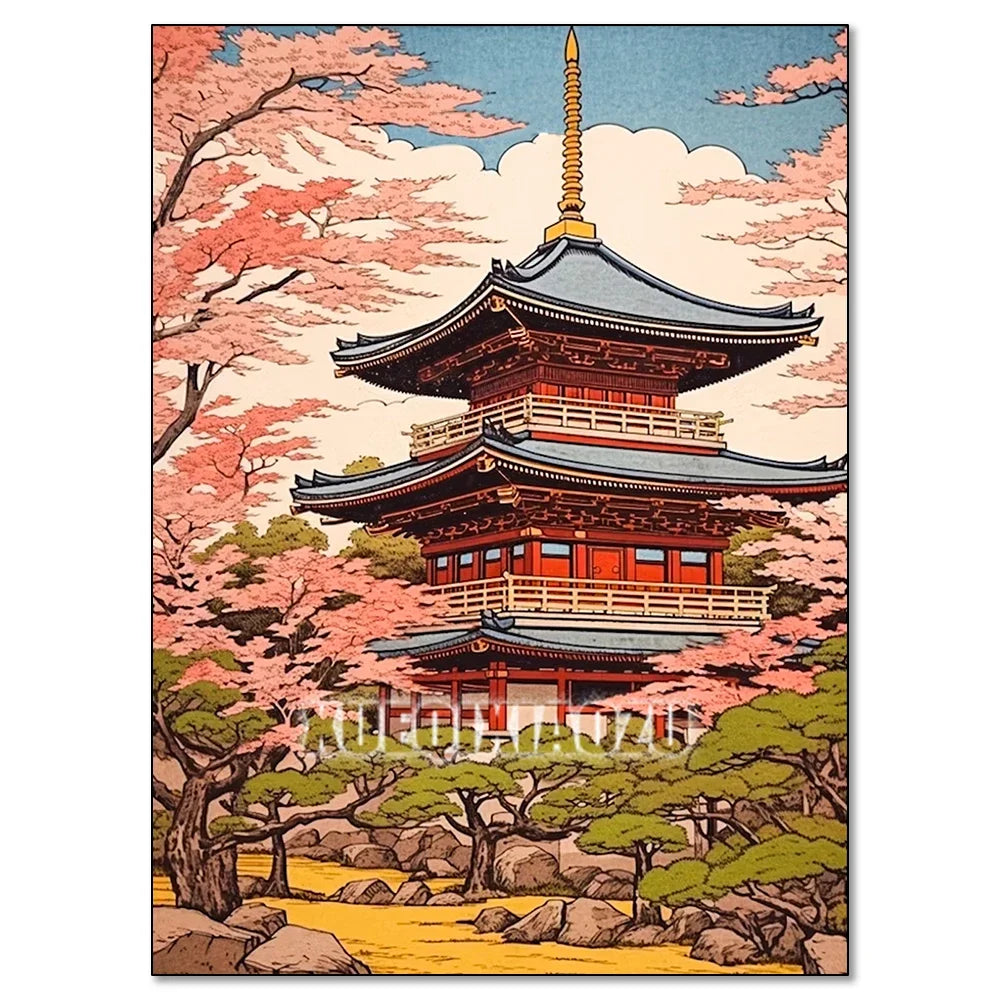 Cherry Blossom Tower Diamond Painting Kit – DIY 5D Wall Art for Adults