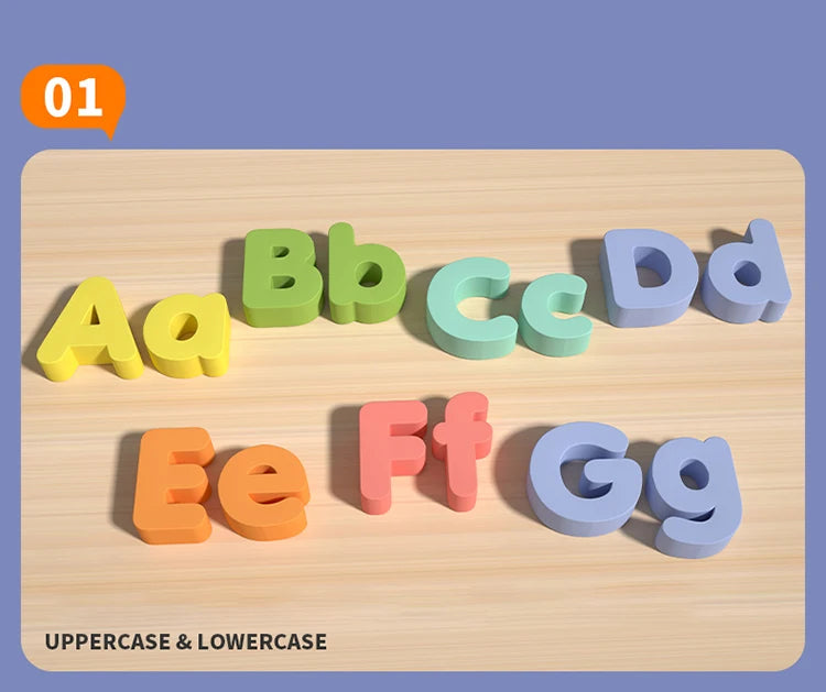 A wooden alphabet puzzle set showing uppercase and lowercase letters in various colors arranged on a light wood surface.