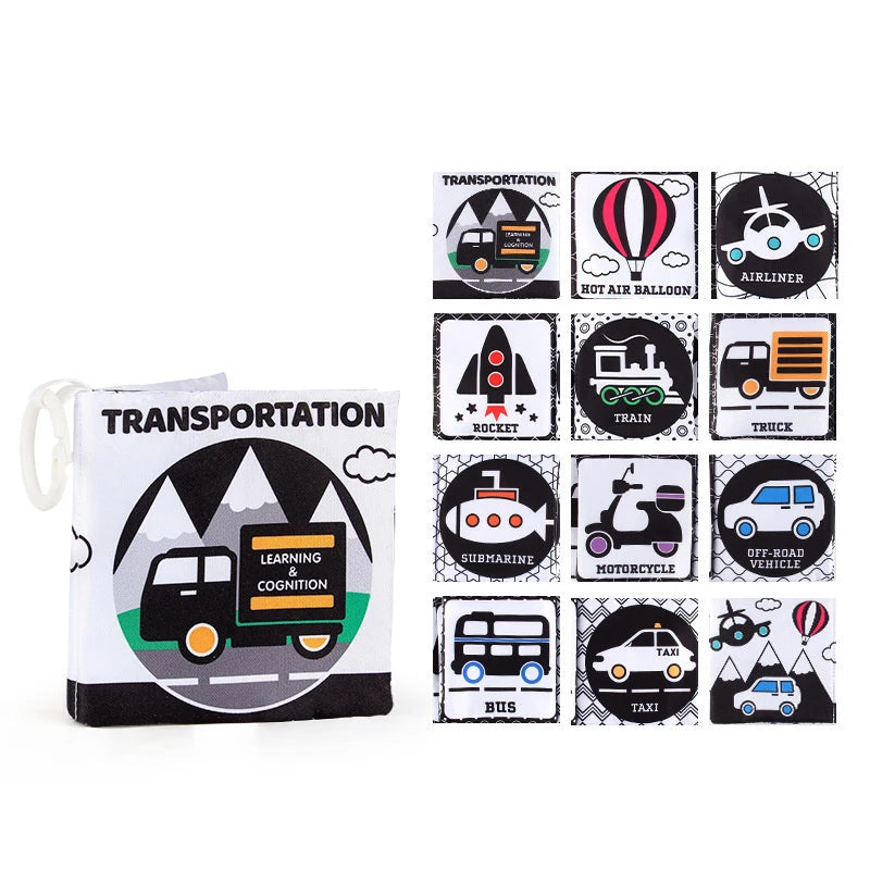 A set of black and white illustrations depicting various modes of transportation for early learning.