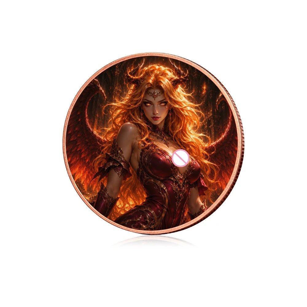 A challenge coin featuring a fierce female fantasy witch with long flowing orange hair and glowing eyes.