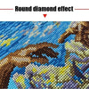 A close-up of a diamond painting featuring a brown hand and colorful abstract patterns with a round diamond effect.