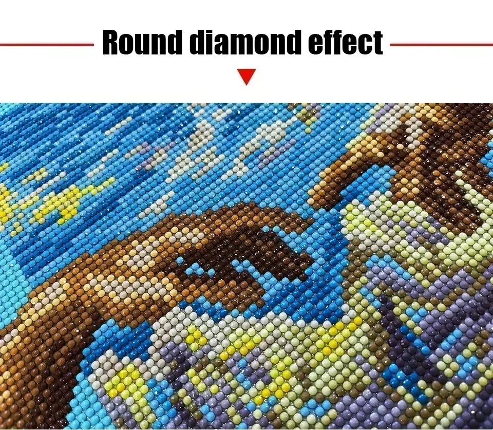 A close-up of a diamond painting featuring a brown hand and colorful abstract patterns with a round diamond effect.