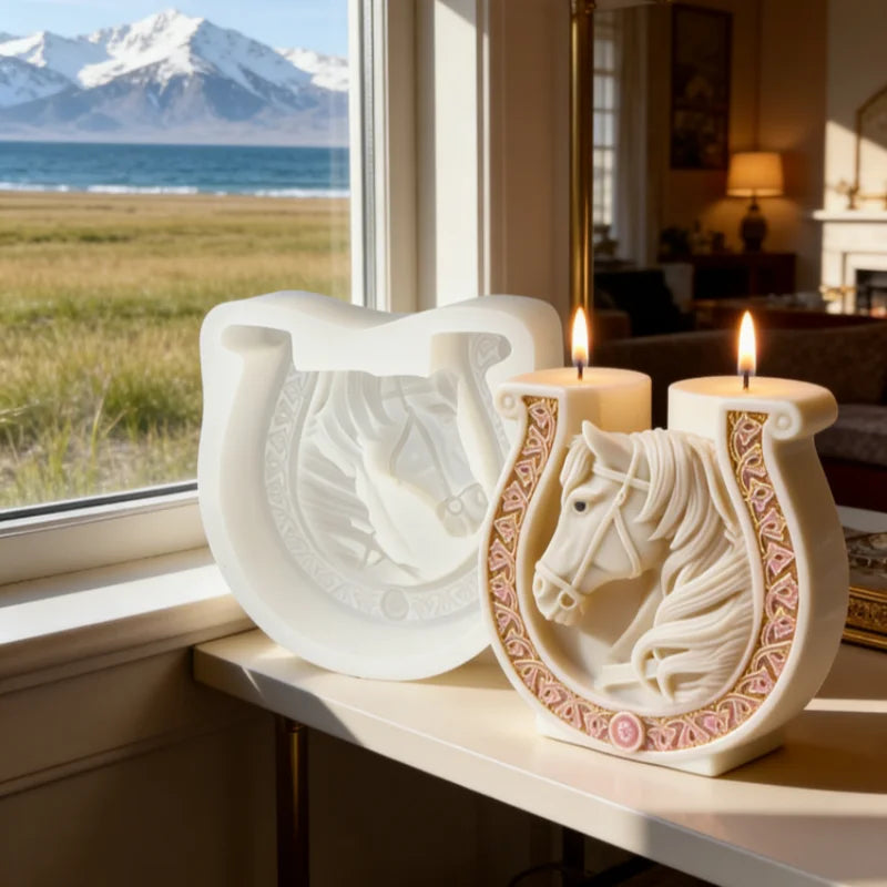 White candle molds shaped like horses with Celtic knot designs displayed on a windowsill.