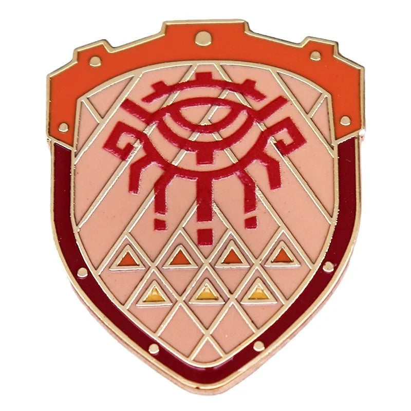 An enamel pin featuring a stylized eye design within a shield shape with geometric patterns.