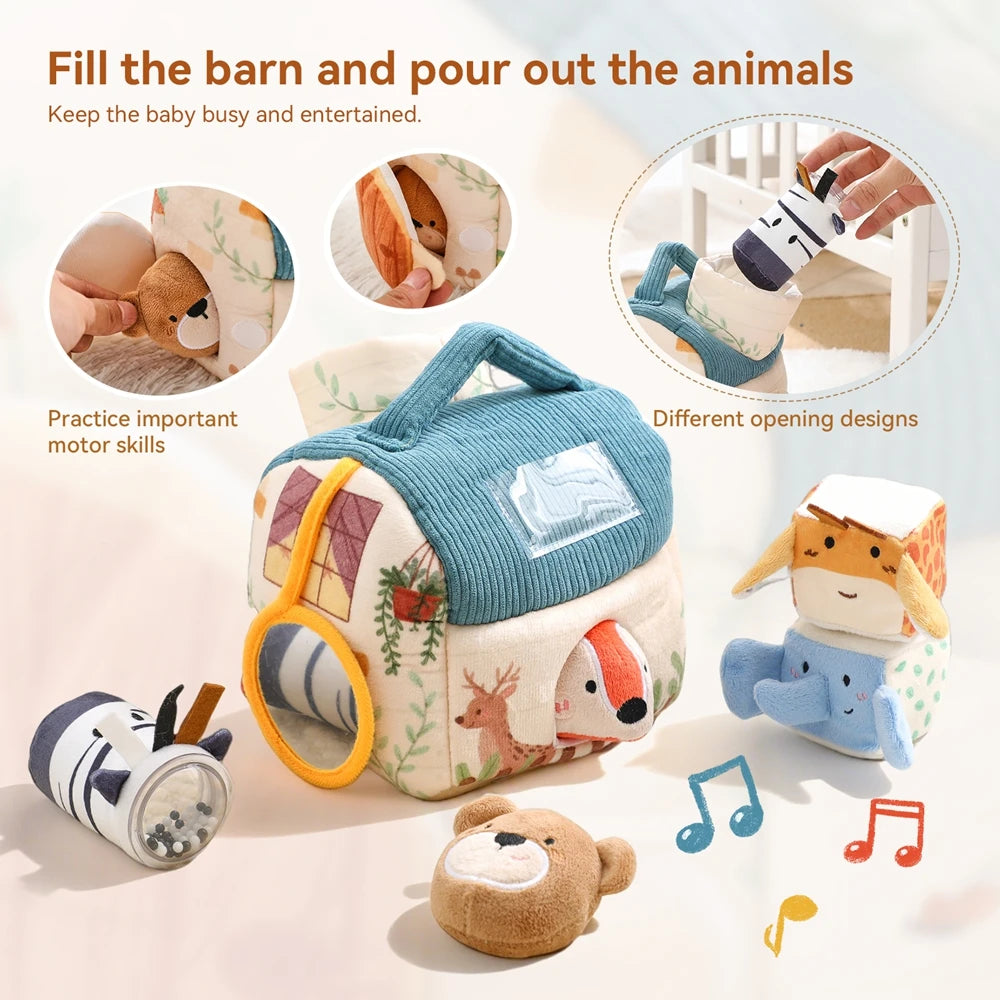 A soft fabric tissue box sensory toy with various animal figures and opening designs for babies.