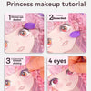 A four-step tutorial showing how to apply eyeshadow, blush, eyelash sticking, and eye makeup on a princess character.