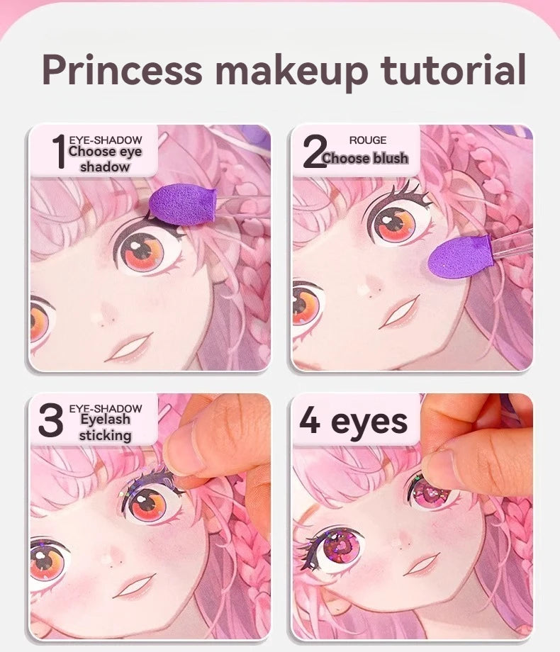 A four-step tutorial showing how to apply eyeshadow, blush, eyelash sticking, and eye makeup on a princess character.