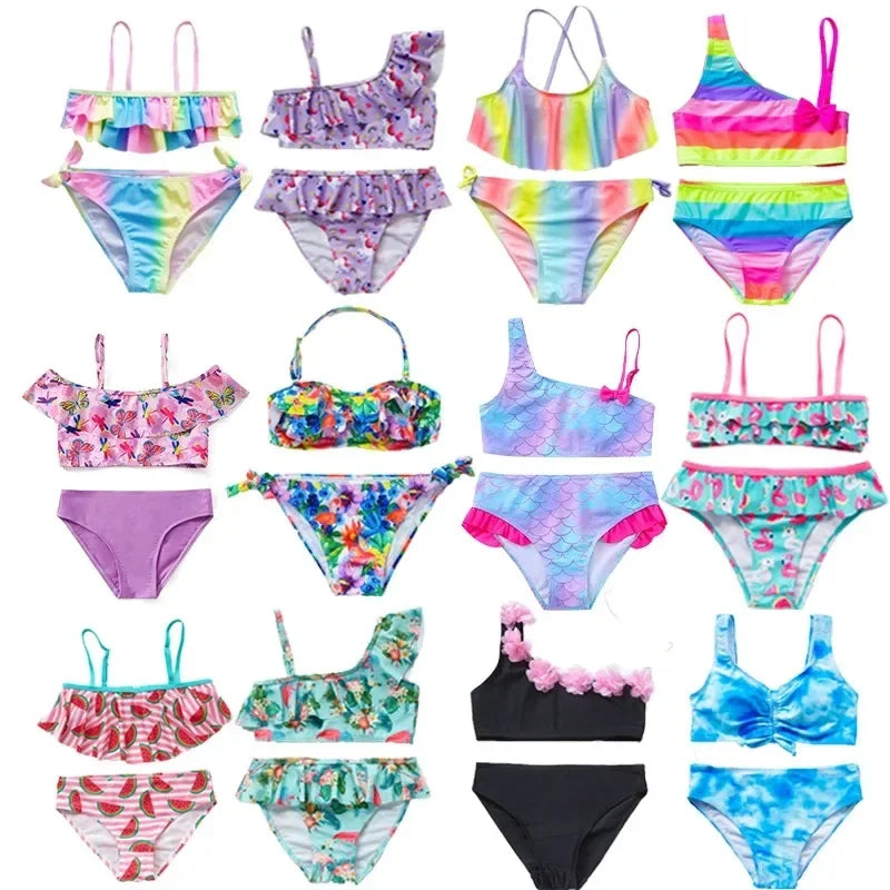 A collection of colorful girls' two-piece swimsuit sets featuring various patterns and colors.