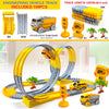 A yellow and gray flexible track toy set includes a dinosaur race track, electric cars, and various track pieces.