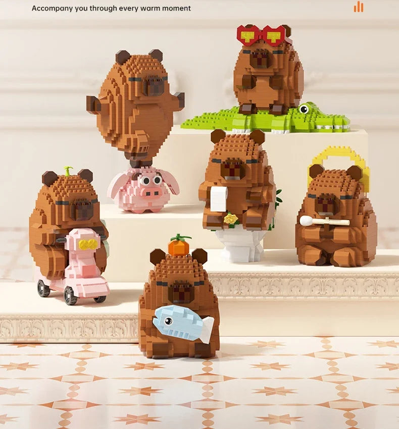 A set of cute brown and pink animal building blocks, including a bear, a frog, and other figures.