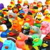 A collection of various yellow, orange, pink, and black rubber duck toys for bath and party fun.