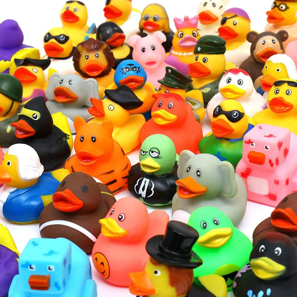 A collection of various yellow, orange, pink, and black rubber duck toys for bath and party fun.