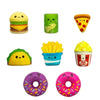 A collection of colorful squishy toys including a hamburger, a lime green egg, a yellow slice, french fries, and a pink donut