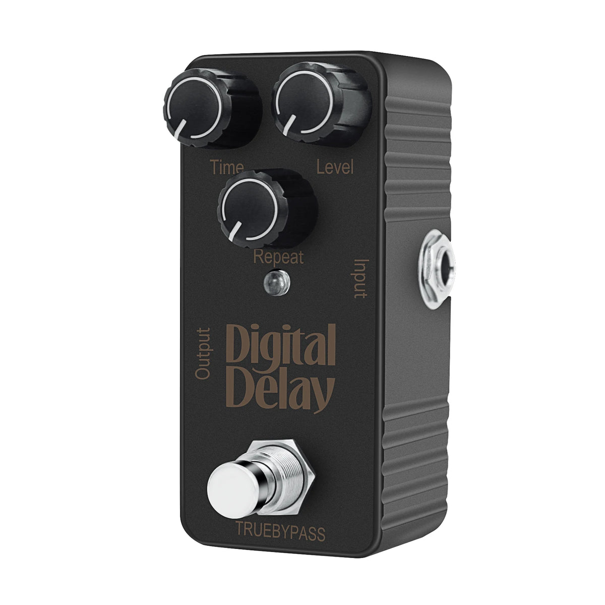 A black digital delay effect pedal with controls for Time, Level, Repeat, Input, Output, and Truebypass.