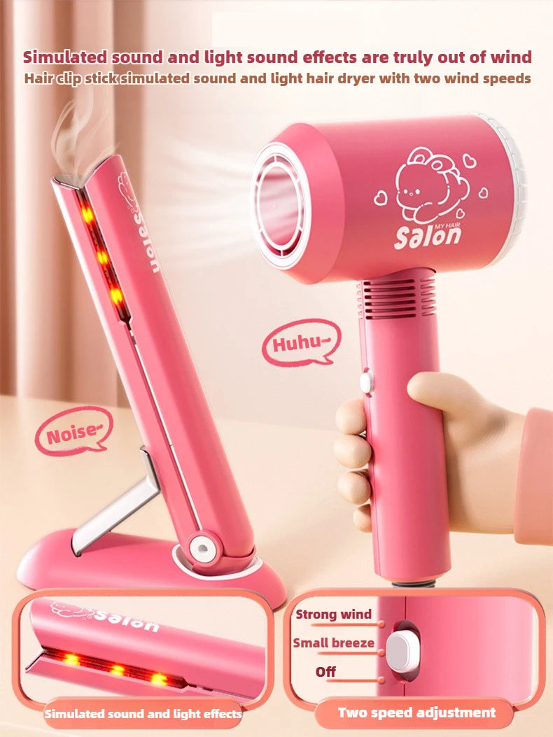 A pink hair dryer and clip set with simulated sound and light effects for role play