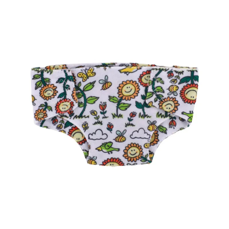 White patterned soft doll underwear for 18-inch dolls featuring floral and nature designs