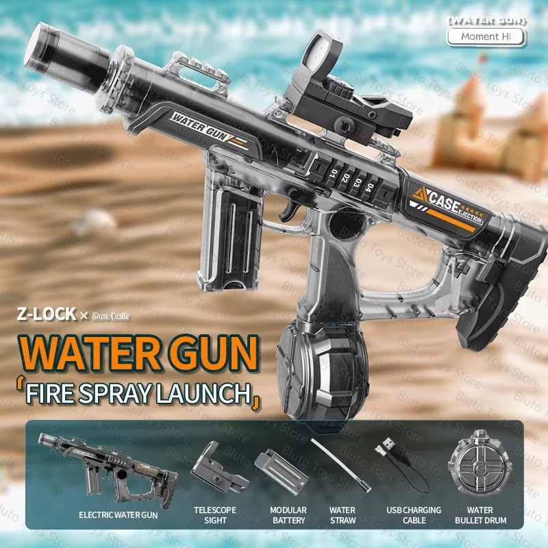 A silver water gun with a scope and barrel is shown against a blurred background, next to accessories like a battery and stra