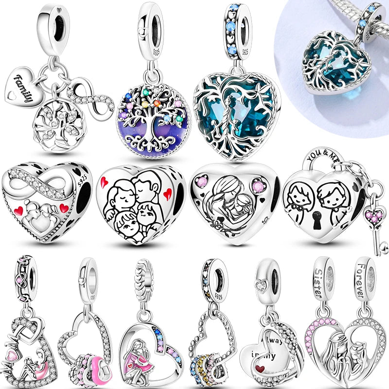 A collection of various heart-shaped sterling silver charms and pendants for bracelets and necklaces.