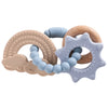 A set of food-grade silicone planet teethers in light wood and blue colors.