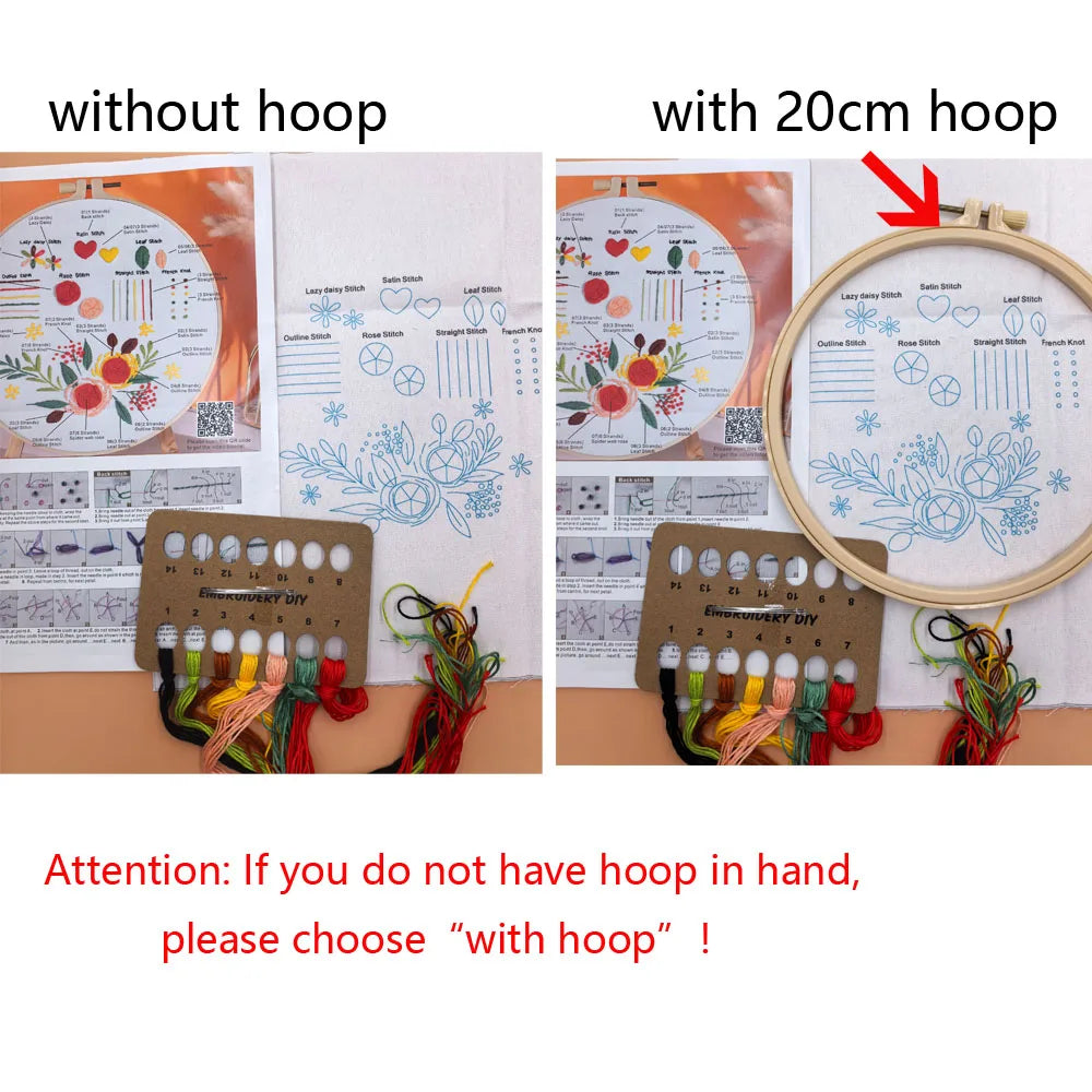 Comparison of a Mandala Flower Embroidery Kit without a hoop and with a 20cm hoop.
