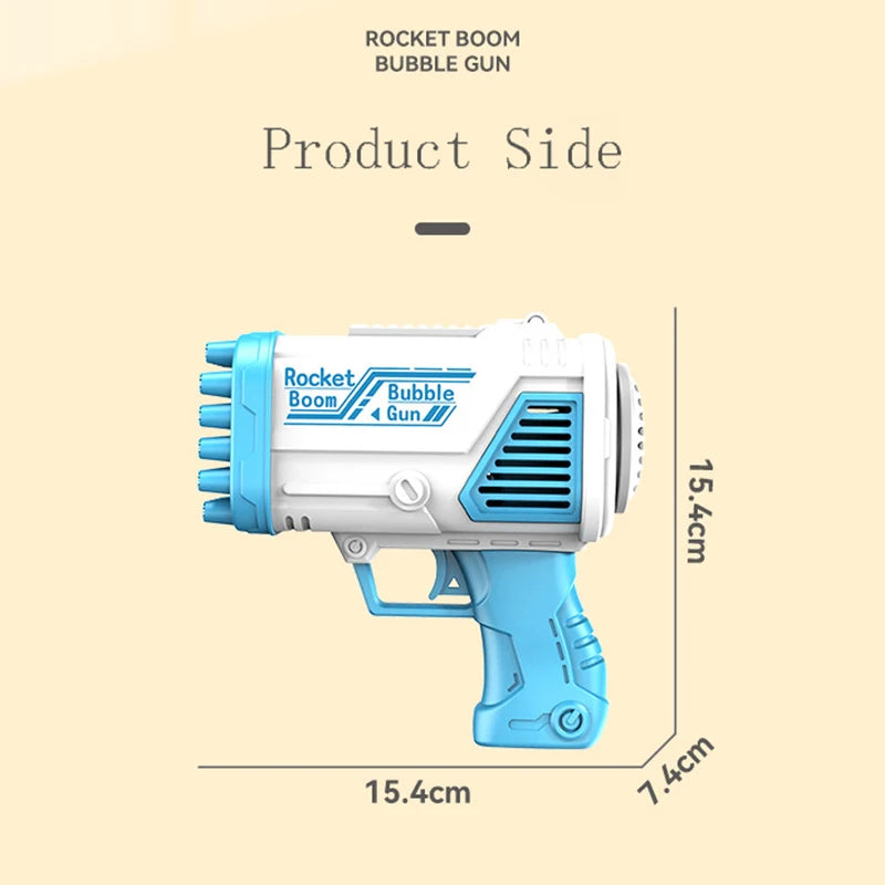 Side view of a light blue and white Rocket Boom bubble gun with 32 holes for kids