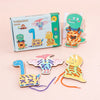 A box of wooden threading beads and lacing toys featuring dinosaur and animal figures.