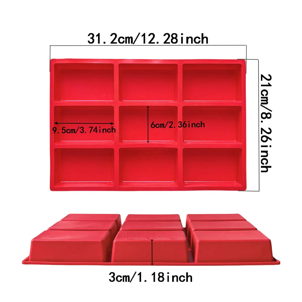 Red silicone mold with nine cavities and a rectangular tray for DIY crafts
