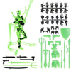 A collection of green magnetic multi-jointed action figure parts and a display stand.