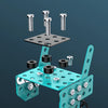 A set of metal building blocks and hardware for constructing an off-road vehicle or excavator model.