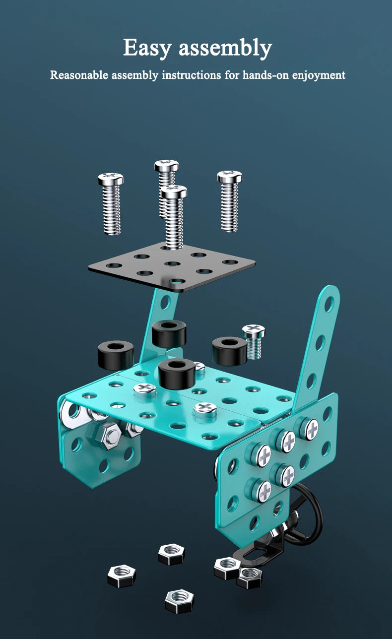 A set of metal building blocks and hardware for constructing an off-road vehicle or excavator model.