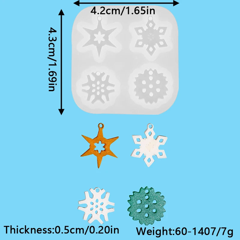 A silicone mold with four snowflake-shaped cavities for jewelry and craft projects.