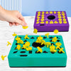 A hand is shown interacting with a green shape matching puzzle game, featuring yellow pieces and a time challenge.