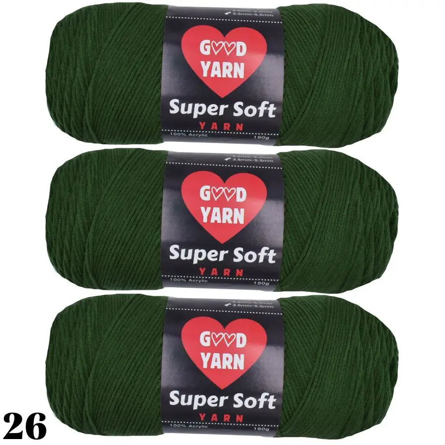 A set of three skeins of Super Soft Yarn in a dark green color for crochet and knitting