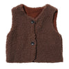 A brown, fuzzy fleece vest for children, designed as a warm and cozy sleeveless jacket.