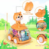 An orange press and go light-up gear car toy for toddlers featuring a smooth edge, light button, and anti-slip wheels.