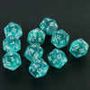 A collection of ten glittery, translucent teal D20 polyhedral dice scattered on a dark surface.