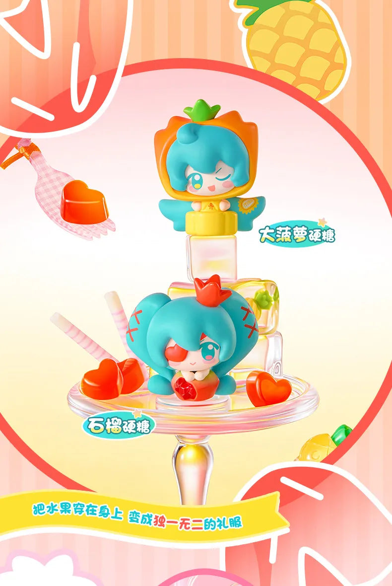 A blind box figure of Hatsune Miku in an orange fruit theme, featuring a clear display stand and accessories.