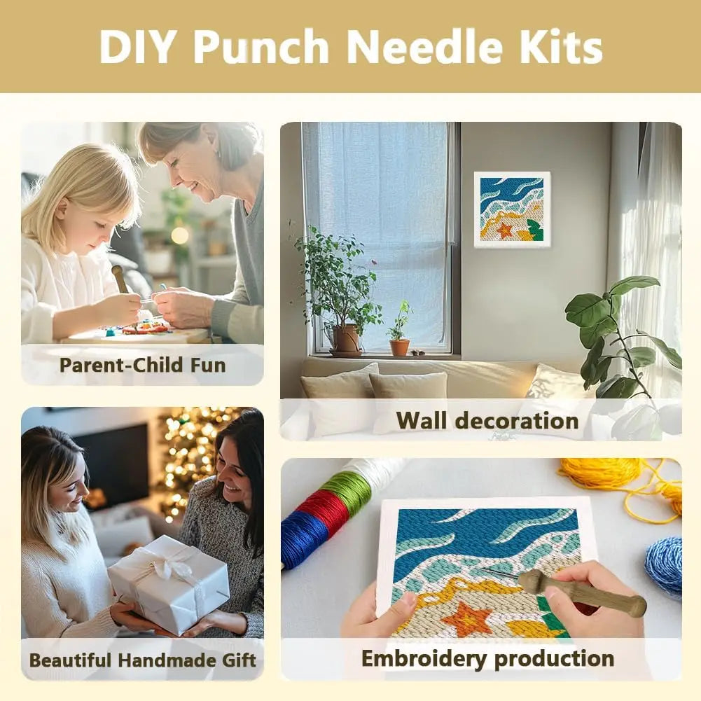 DIY punch needle kits showing parent-child fun, wall decoration, and embroidery production examples
