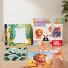 A box of sticker puzzle geometry kit featuring animal designs like lions and elephants, displayed on a wooden table.