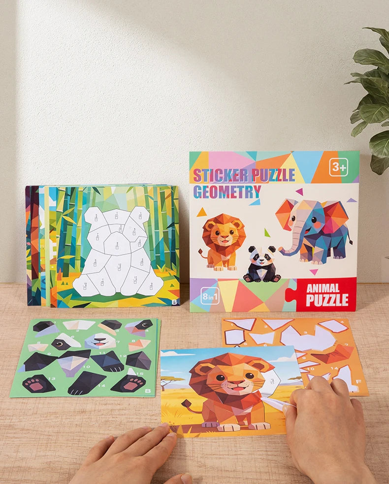 A box of sticker puzzle geometry kit featuring animal designs like lions and elephants, displayed on a wooden table.