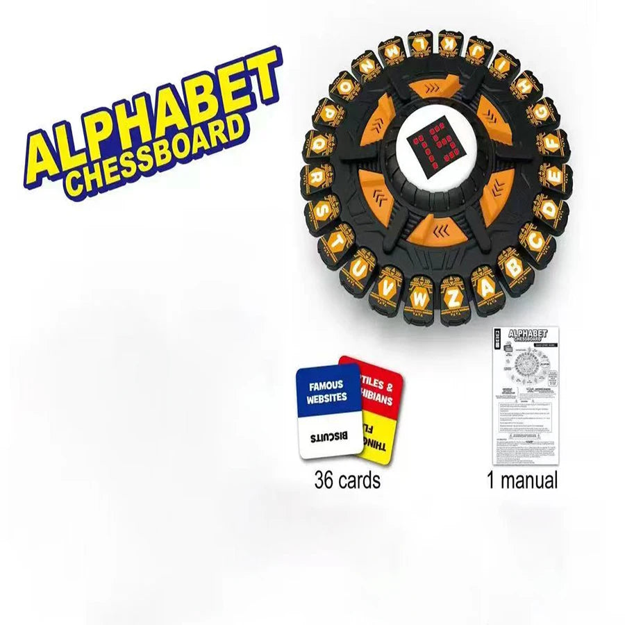 Alphabet Chessboard game featuring black and orange pieces and a central square card.