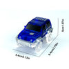 A blue glowing LED race track car toy set for kids shown from the side with dimensions.